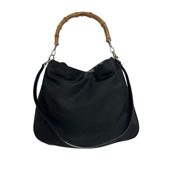 Gucci Bamboo Handle Black Nylon Two Way Shoulder Bag Authentic w Serial # - Picture 1 of 14